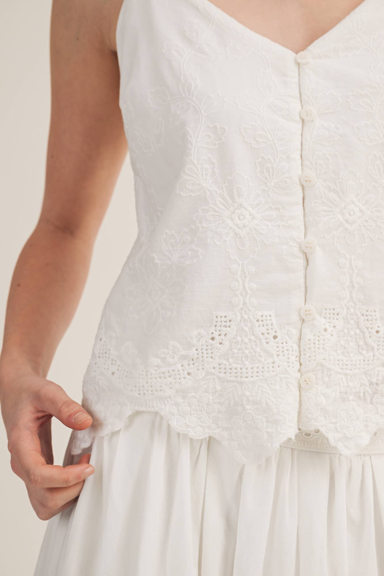 V-Neck Eyelet Embroidered Button Camisole