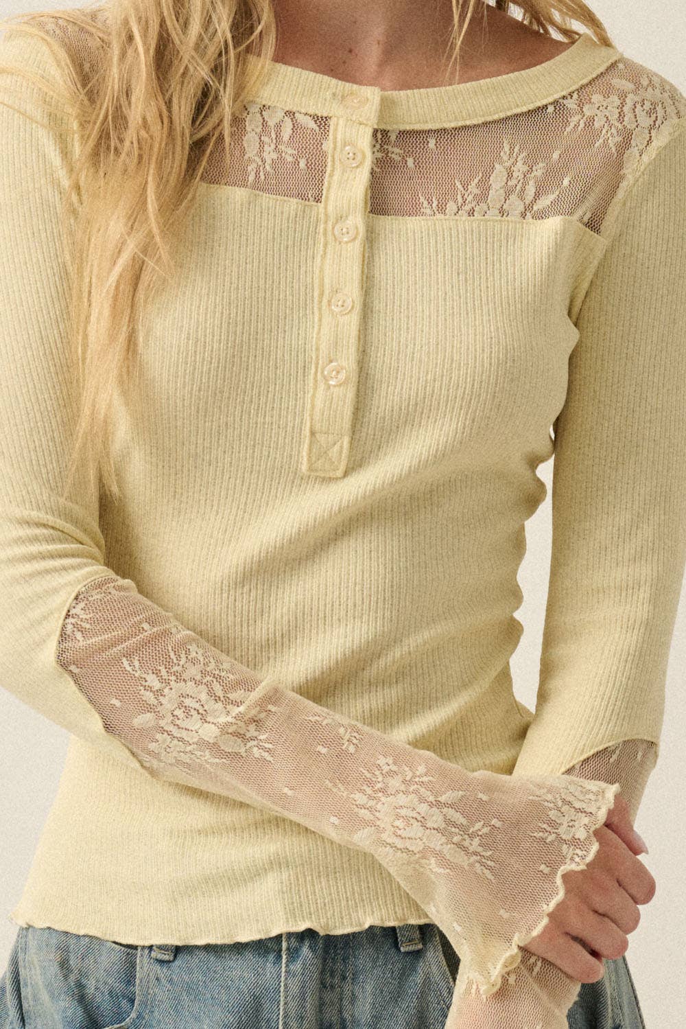 Ribbed Knit and Lace Long-Sleeve Split-Cuff Henley Top