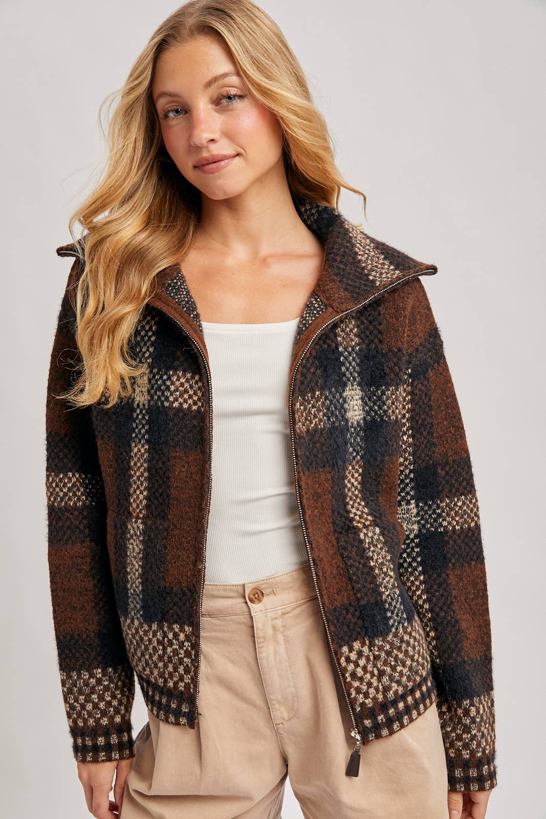 Plaid Zipper Front Wide Collar Jacket