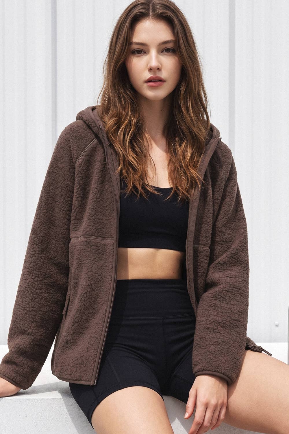 Fleece Sherpa Hoodie Jacket, Zipper Front