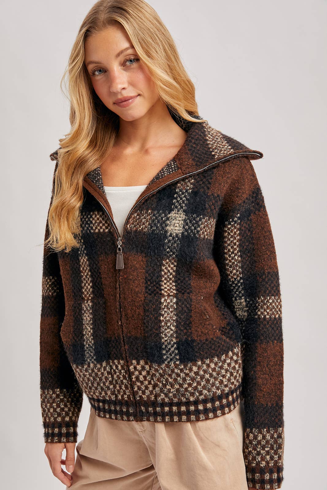 Plaid Zipper Front Wide Collar Jacket