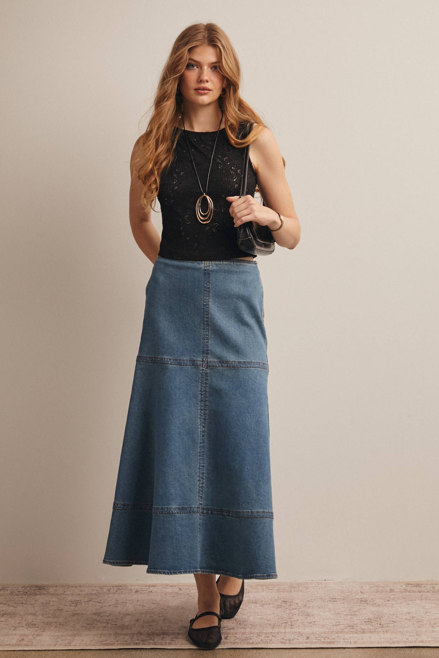 Panel Seam A-Line Denim Maxi Skirt