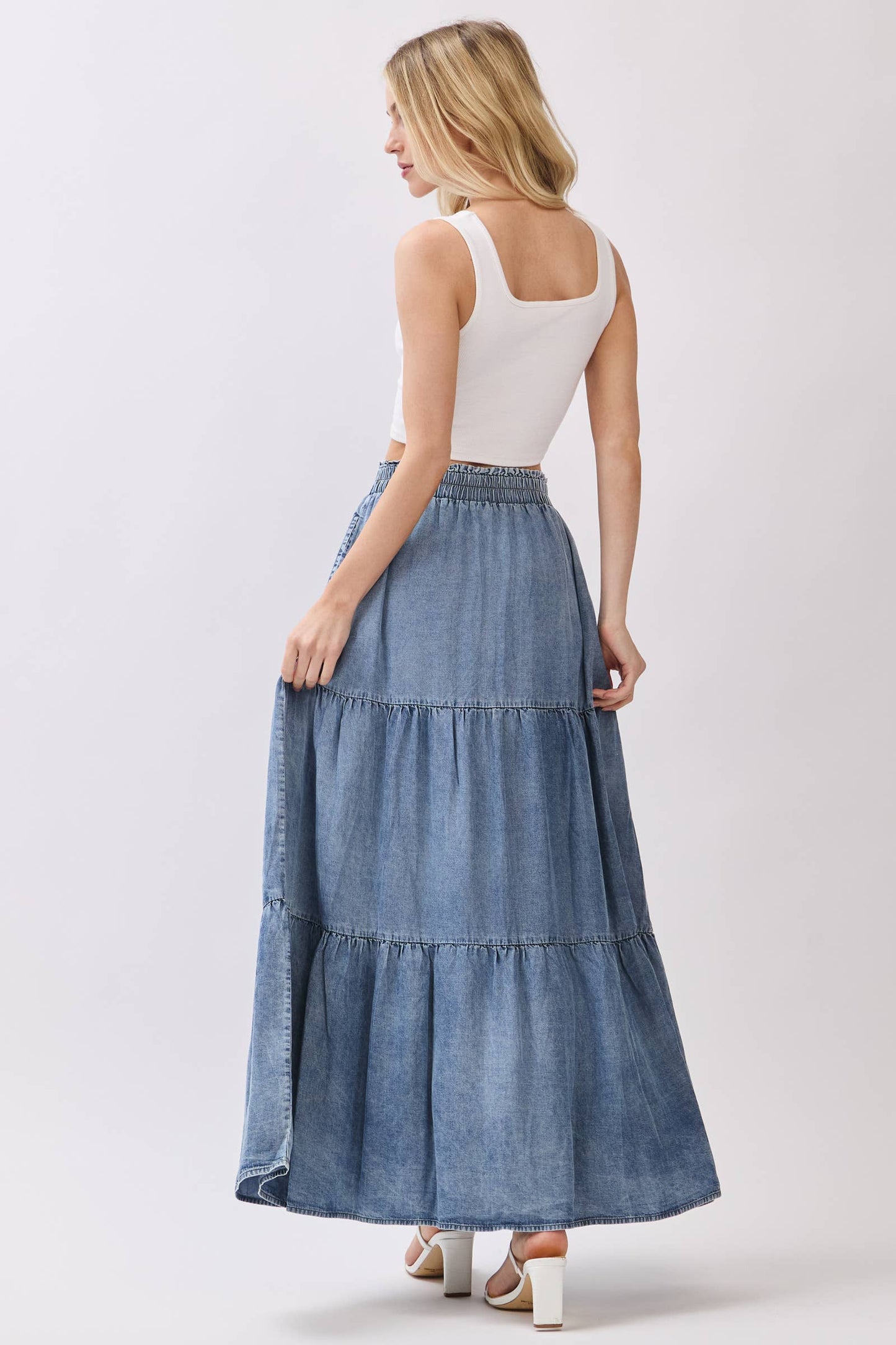 Washed Denim Tiered Maxi Skirt