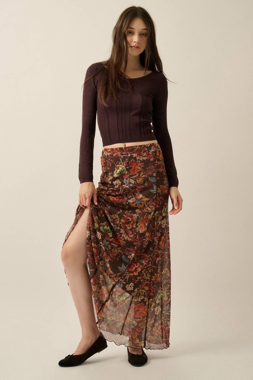 Floral Pointelle and Ribbed Knit Fitted Long-Sleeve Top: Chocolate / L