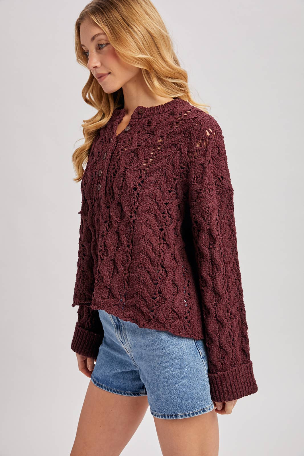 Wine Half Button Down Sweater