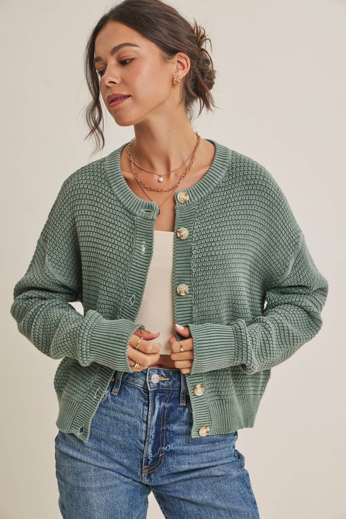 Sage Green Waffle Cardigan