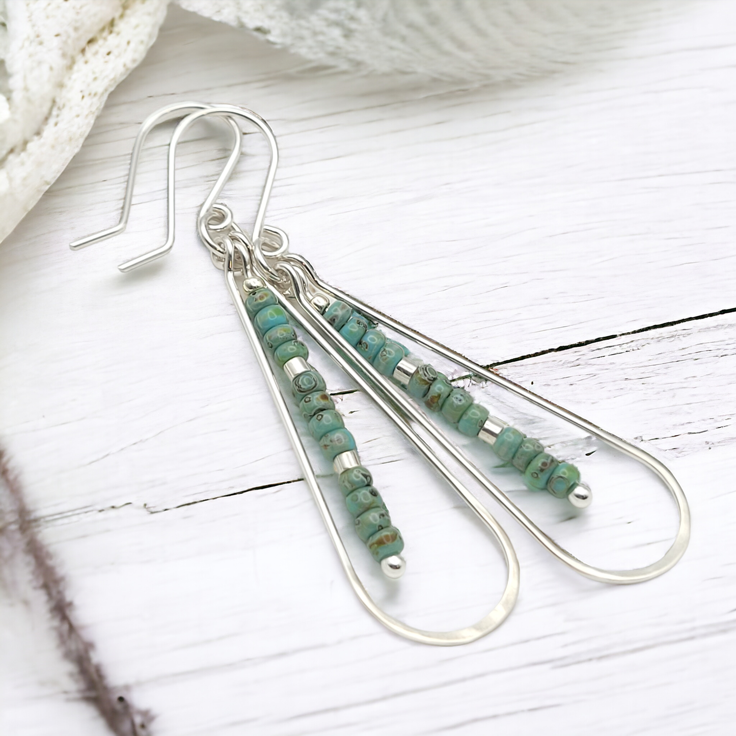 Long Silver Teardrop Hoop Earrings with Turquoise Beads 
