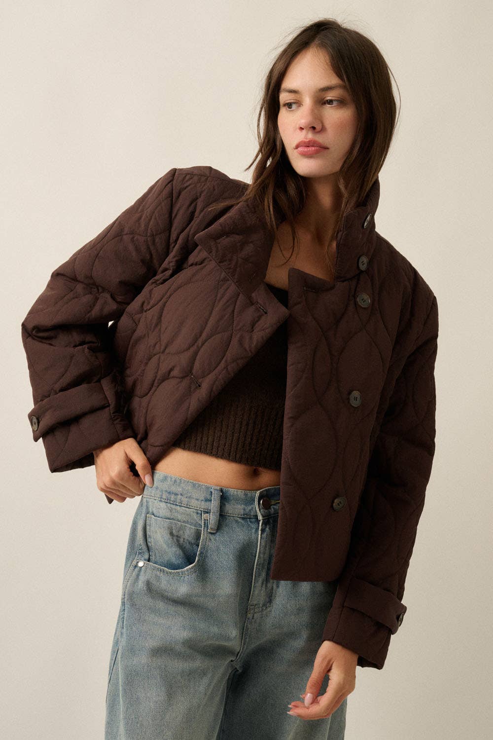 Solid Quilted High-Collar Button-Front Cropped Jacket