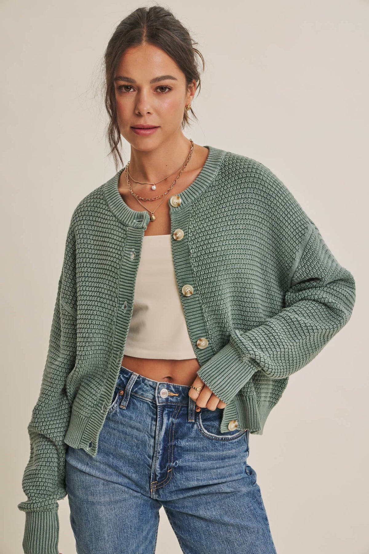 Sage Green Waffle Cardigan