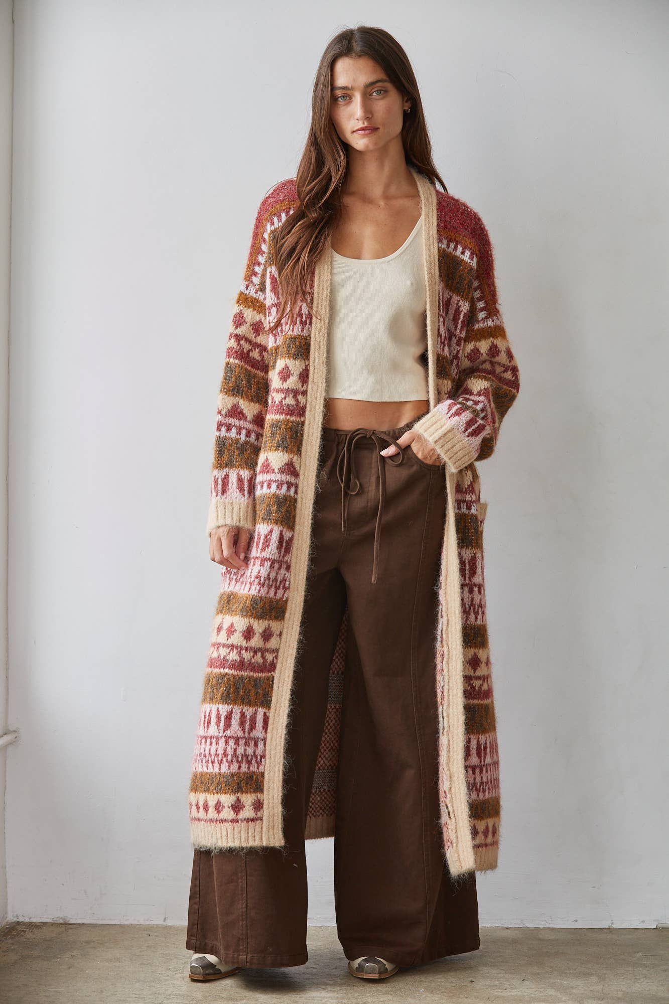 Knit Sweater Open Front Long Sleeve Printed Cardigan