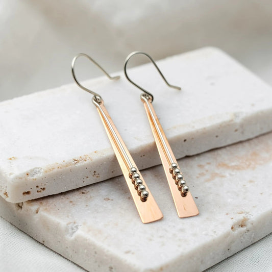 Long Bar Copper and Silver Earrings 