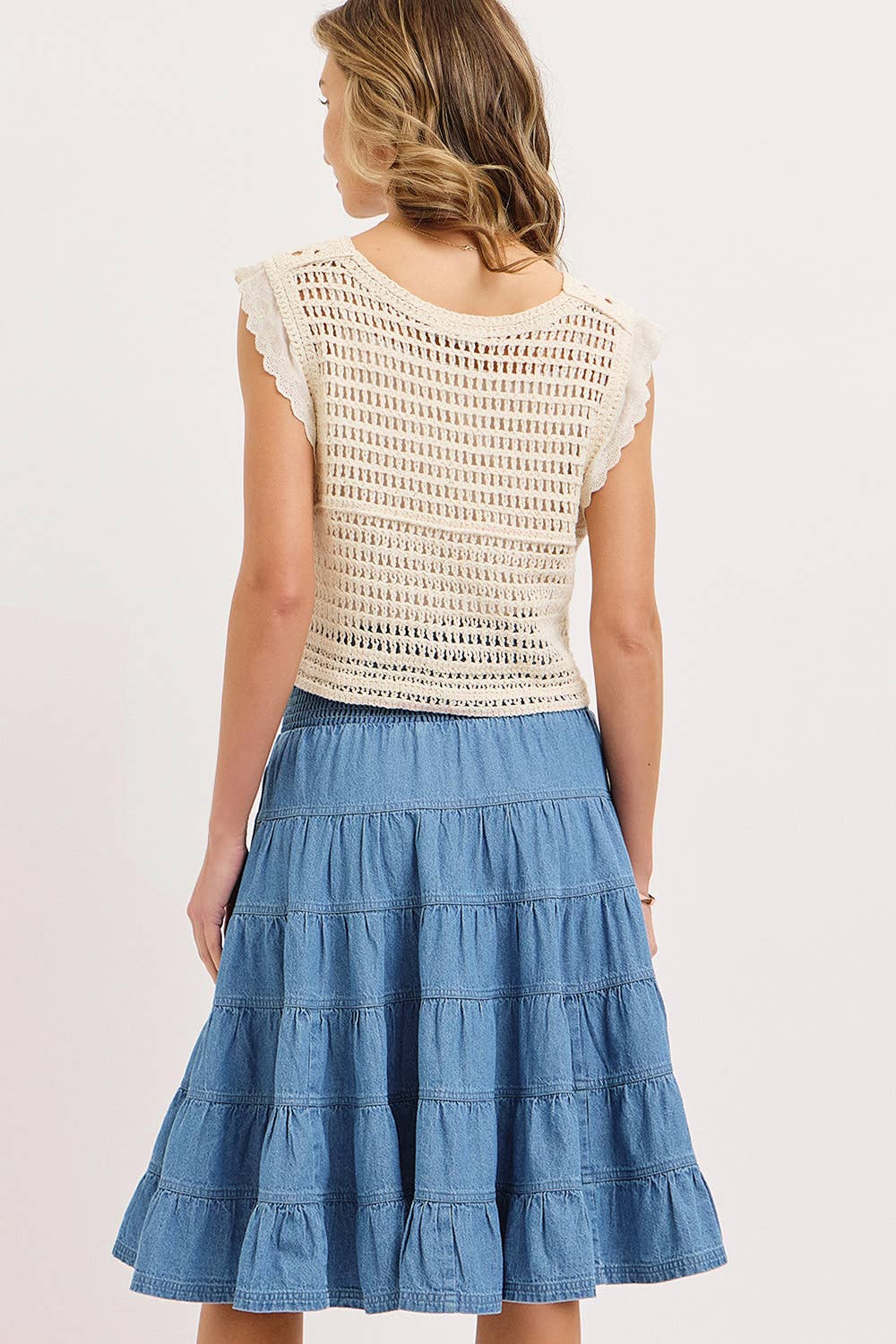 Denim Smocked Waist Tiered Midi Skirt