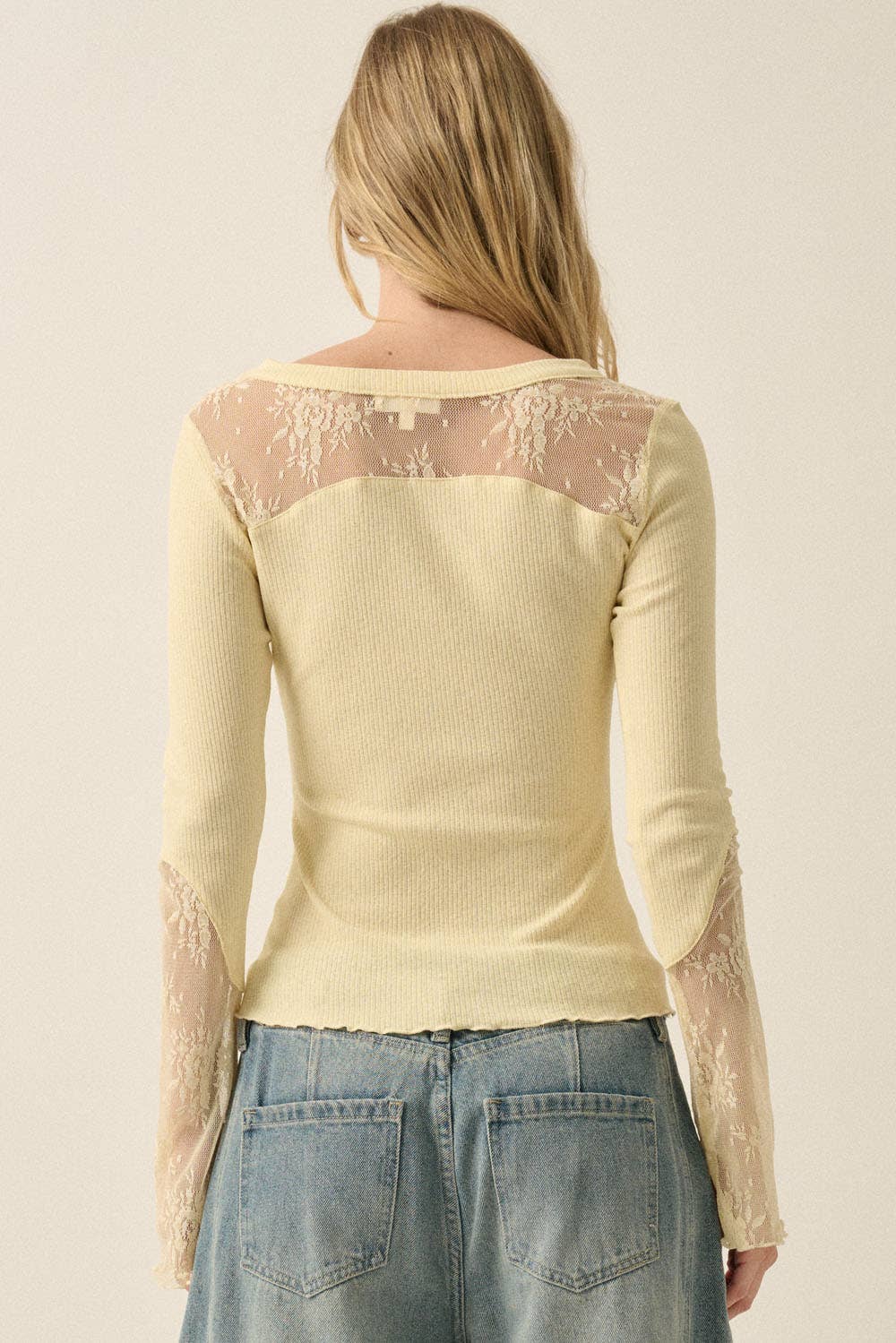 Ribbed Knit and Lace Long-Sleeve Split-Cuff Henley Top