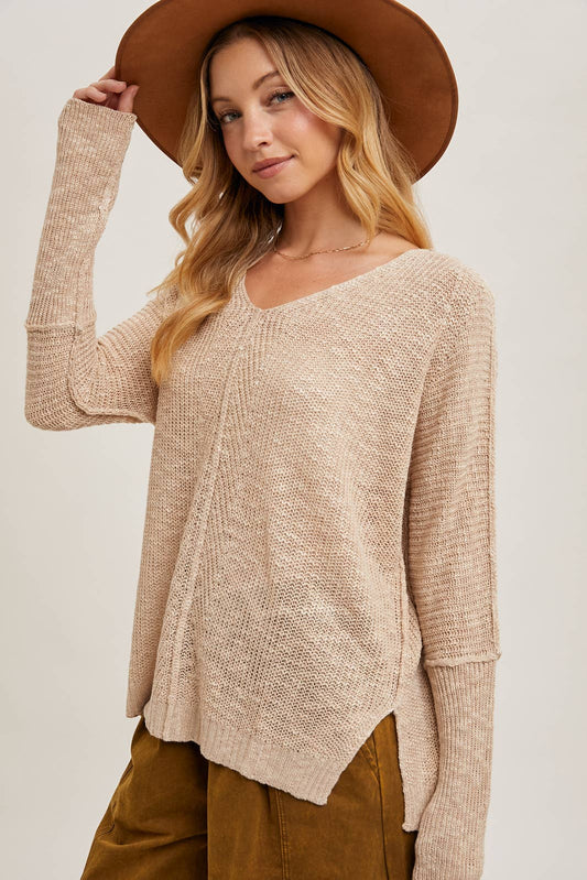 Sheer Loose Fit V-Neck Knit Sweater Pullover: