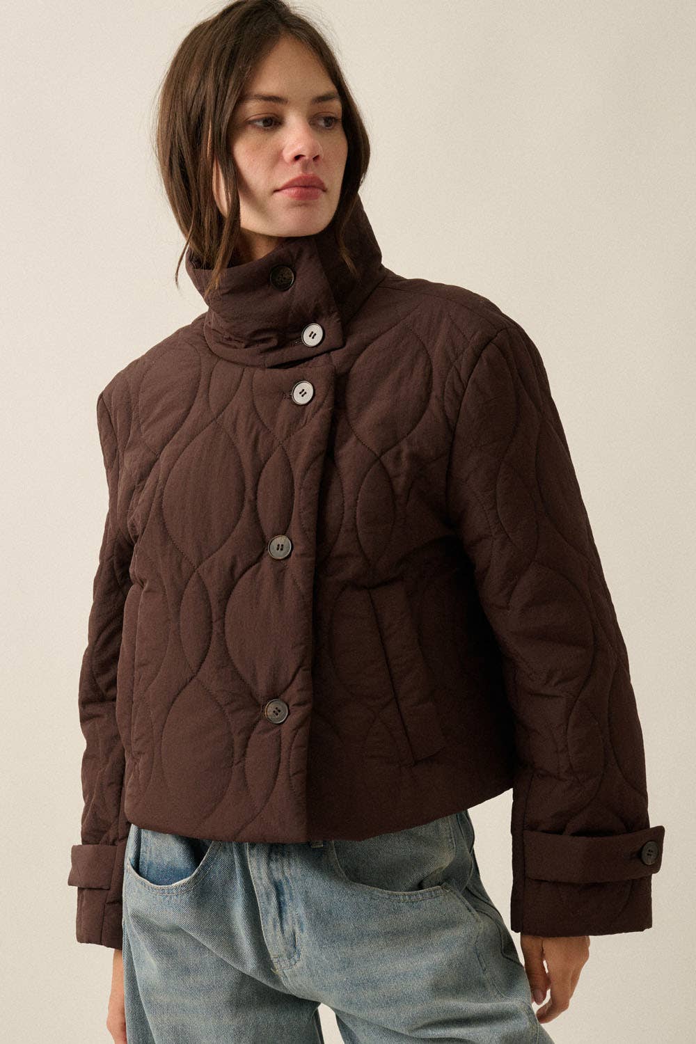 Solid Quilted High-Collar Button-Front Cropped Jacket