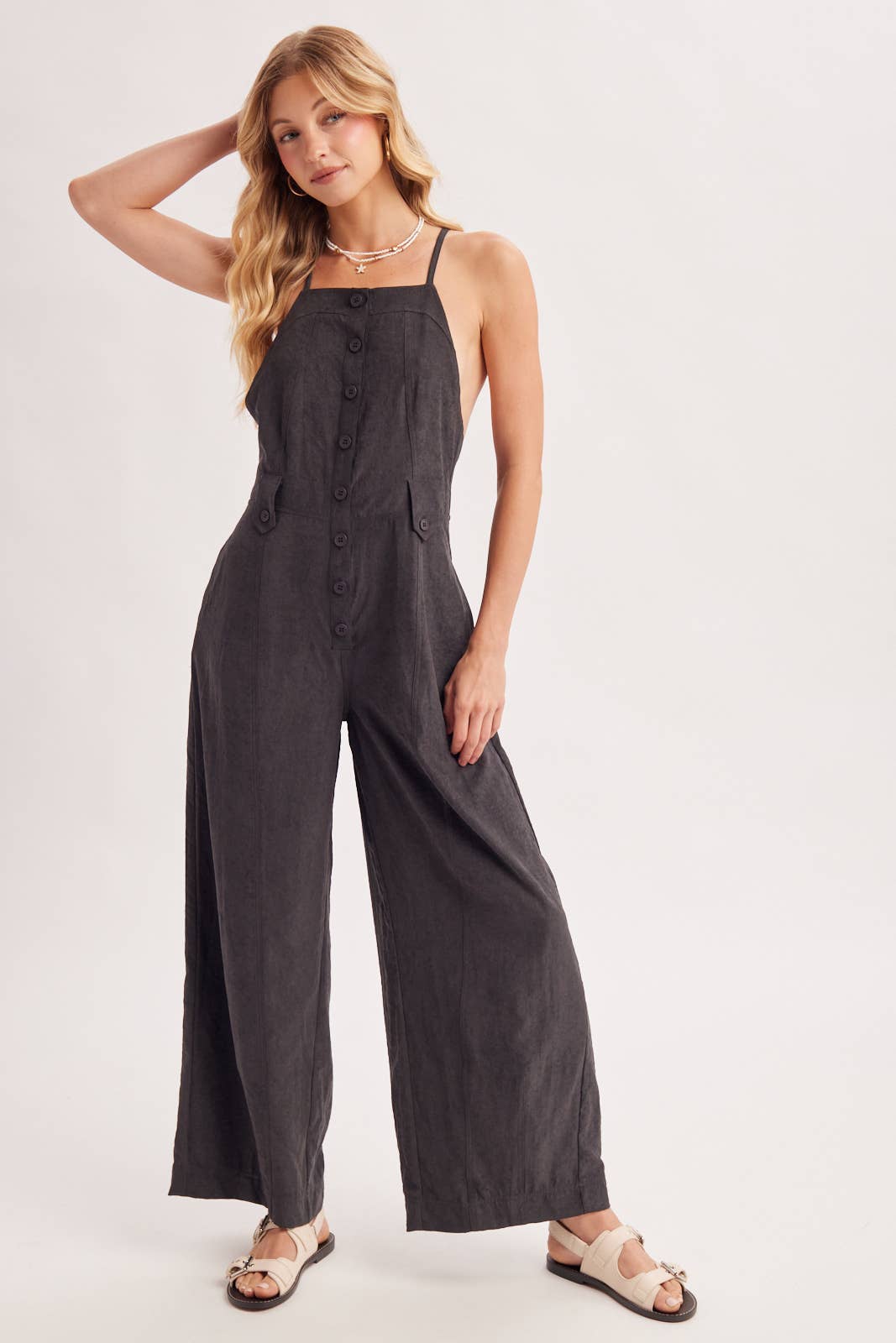 Button Down Apron Style Sleeveless Wide Leg Jumpsuit
