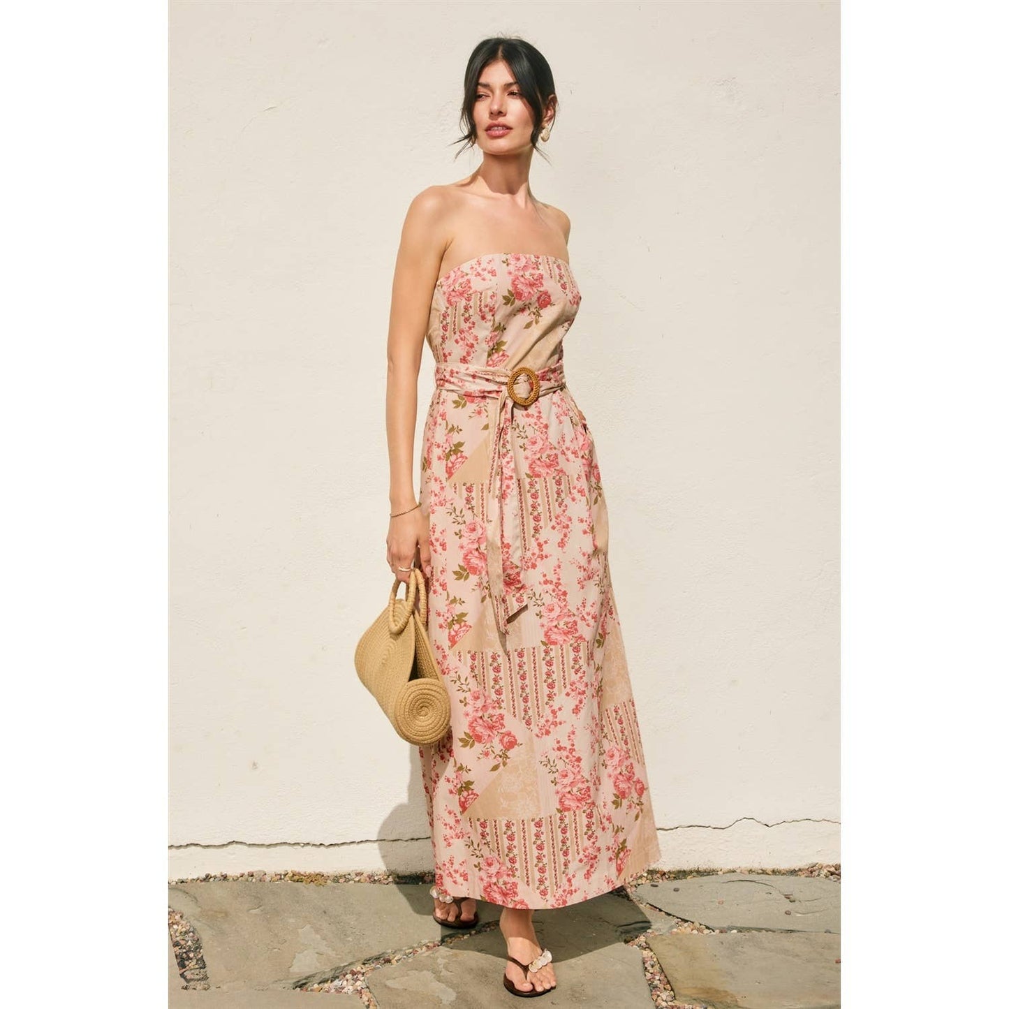 Floral Scarf Rattan Belt Strapless Maxi Dress