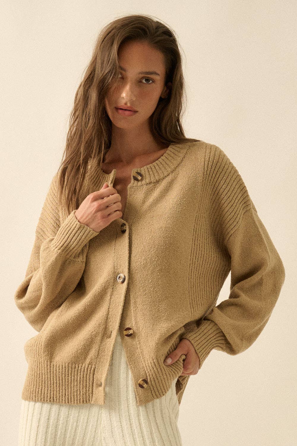 Textured Knit Button-Front Loose-Fit Cardigan