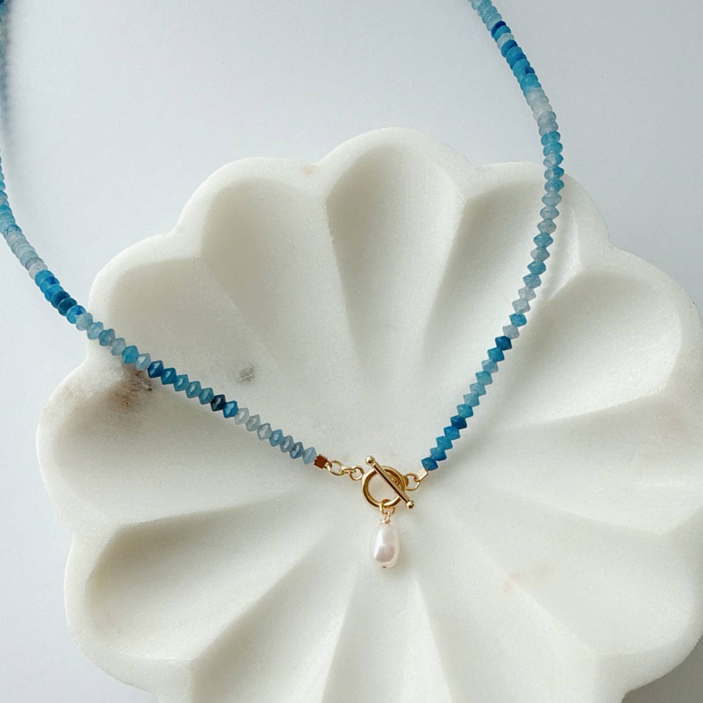 Crete Blue Aventurine Pearl Toggle Necklace Gold Filled