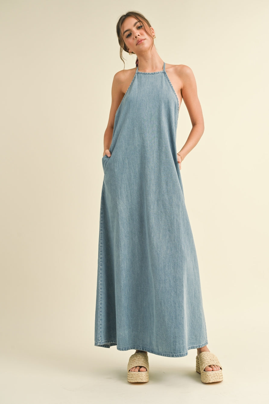 Backless Denim Maxi Dress