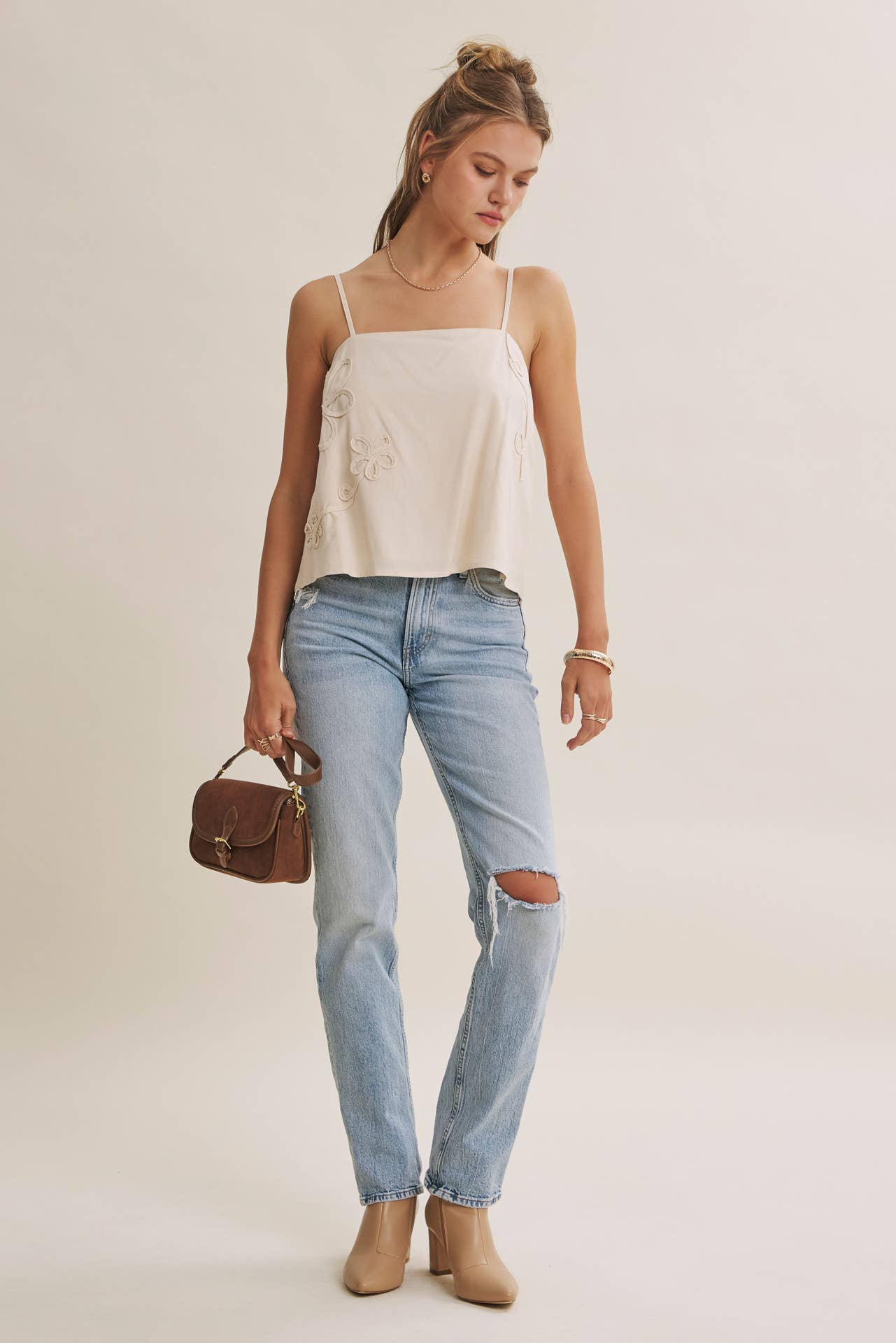 Luxury Linen Floral Applique Tank Top