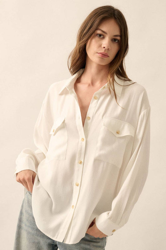 Solid Woven Loose-Fit Button-Up Pocket Shirt 