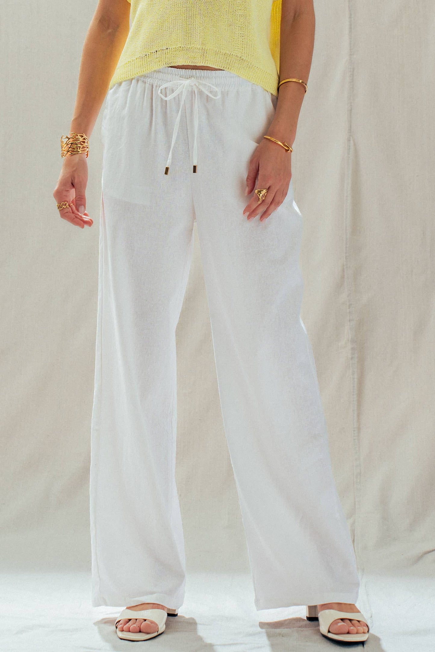Linen Blend Wide Leg Pants Drawstring Waist 