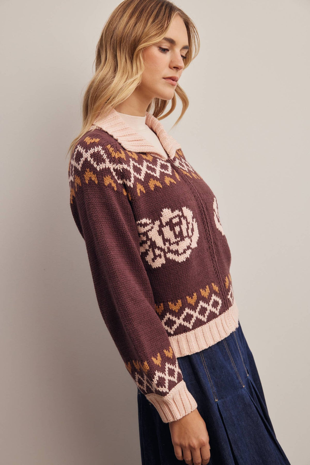 Floral Fair Isle Zip-Up Knit Cardigan