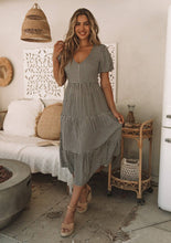 Load image into Gallery viewer, Gingham Puff Sleeve Open Back Tiered Midi Dress
