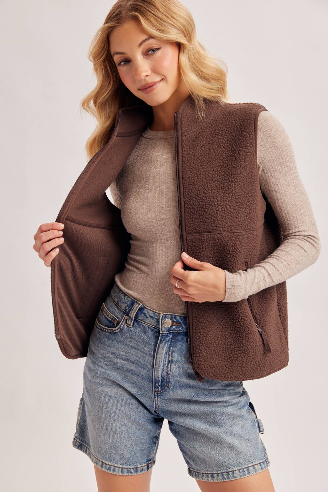 Sherpa Fleece Zipper Fron Opening, Mock Neck Vest