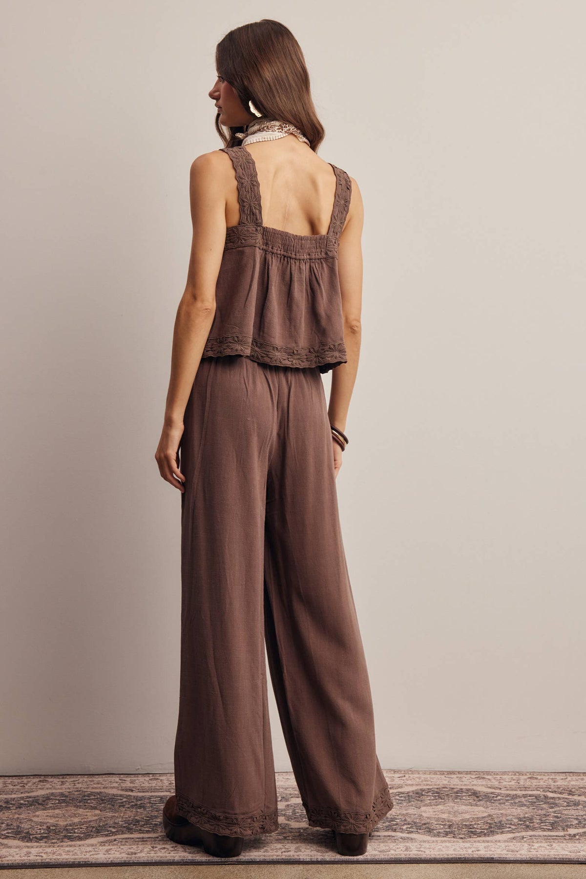 Embroidered Linen Blend Chocolate Pants