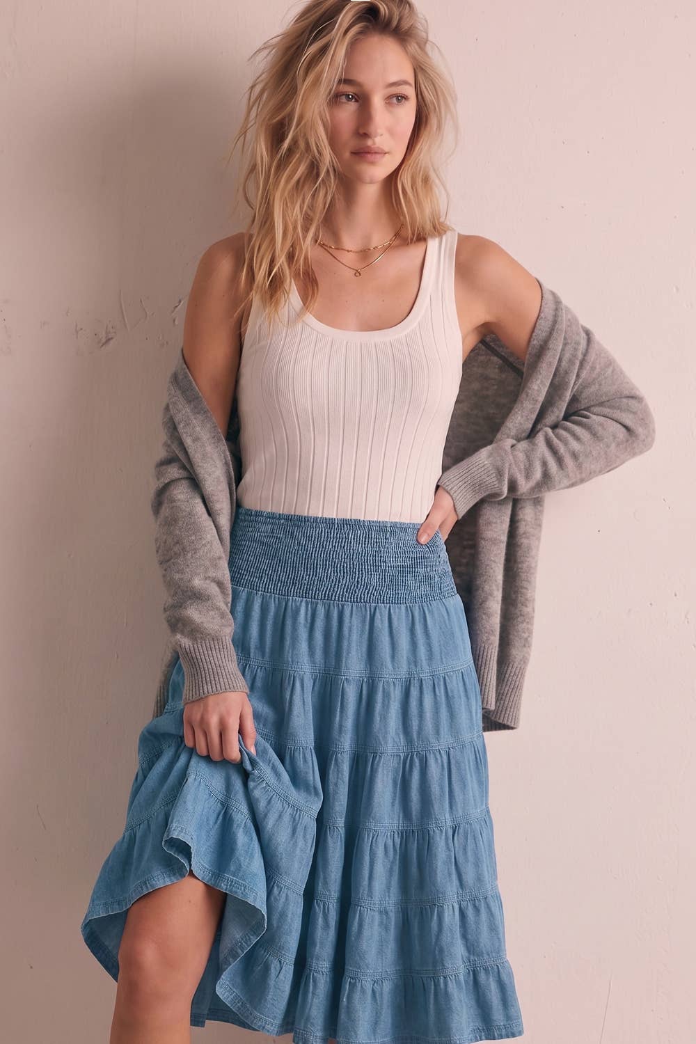 Denim Smocked Waist Tiered Midi Skirt