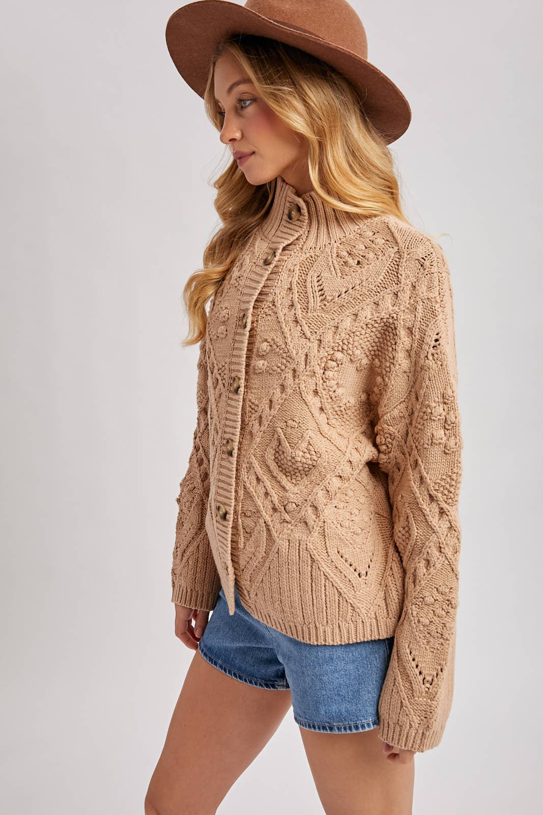 Button Down Mock Neck Cable Knit Cardigan, Sweater