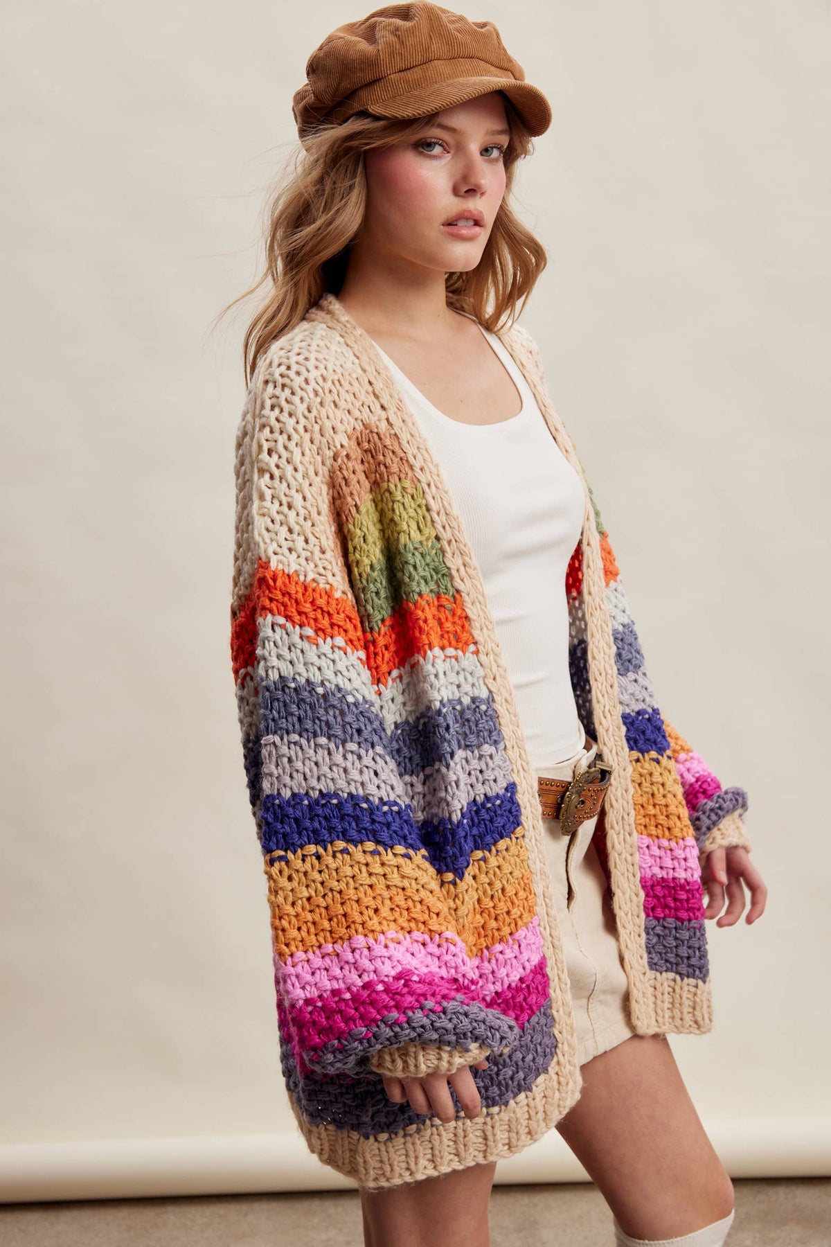 Rainbow Hand-Crochet Open Cardigan