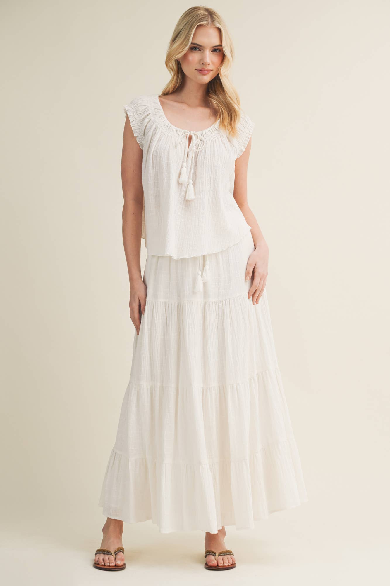 Gathered Tassel Tie Ruffle Sleeve Top