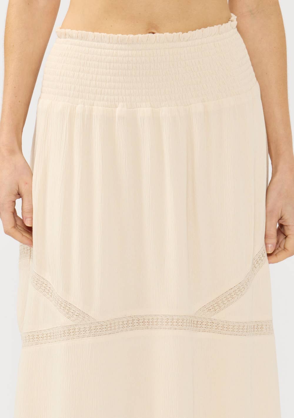 Smocked Waist Lace Trim Midi Skirt 