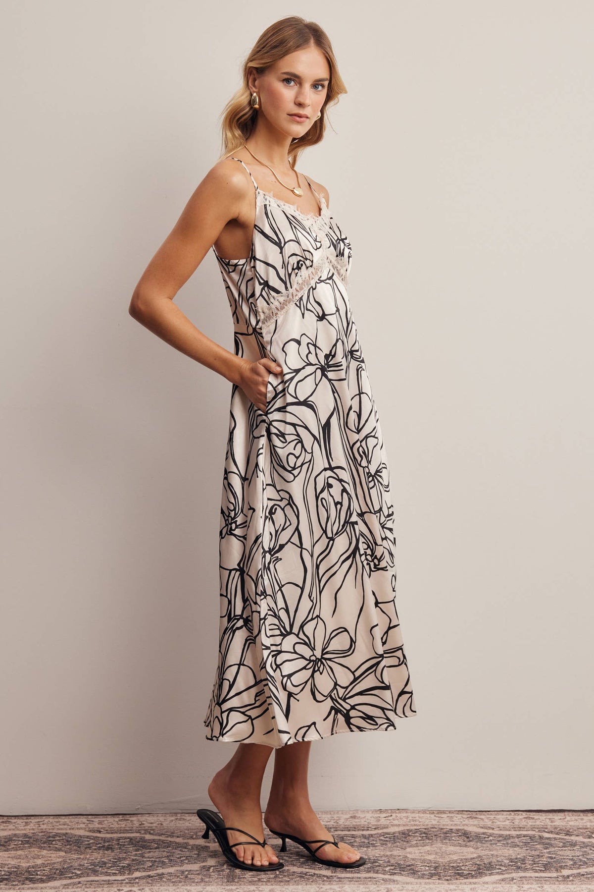 Lace Trim Floral Satin Midi Dress FD0061