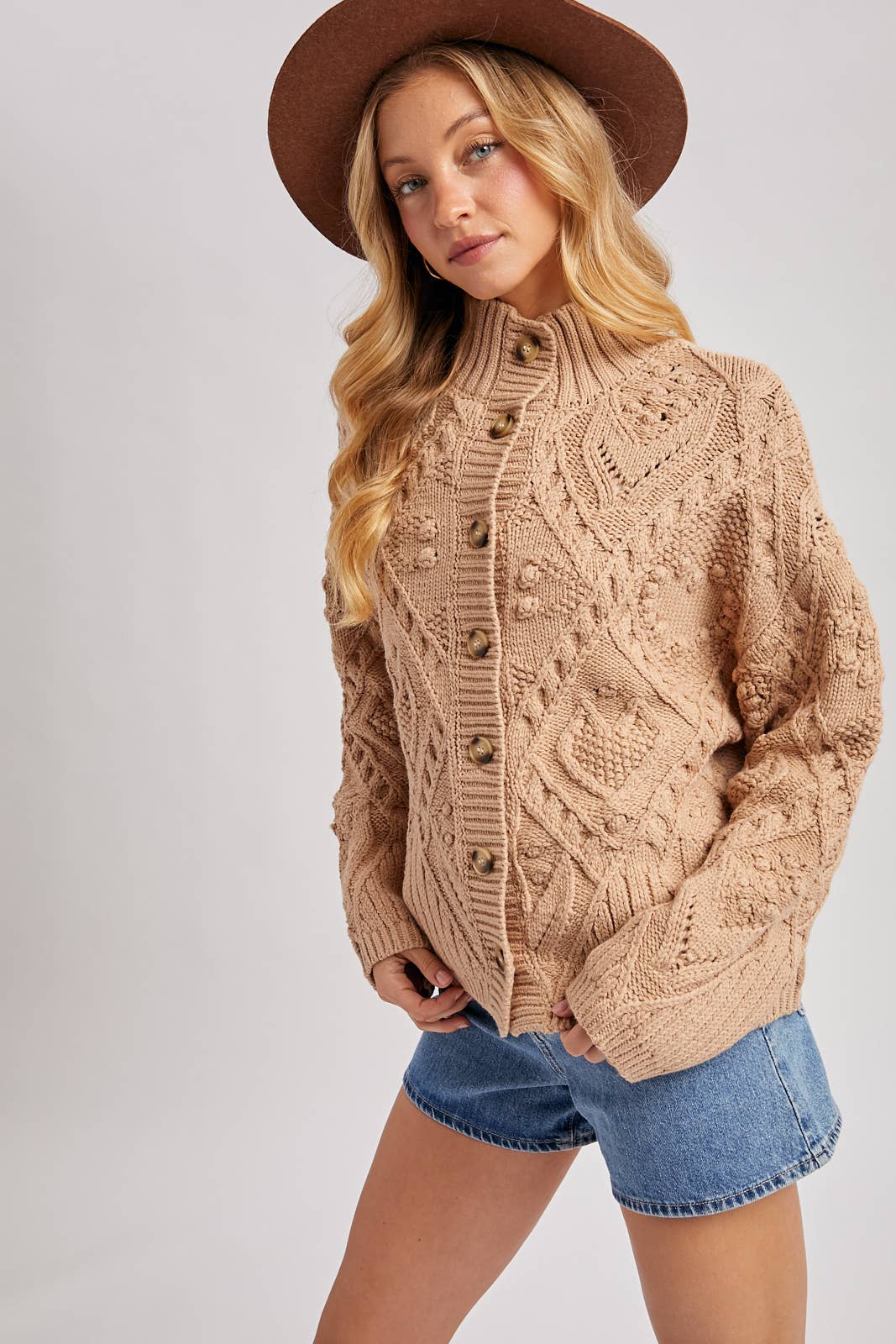 Button Down Mock Neck Cable Knit Cardigan, Sweater