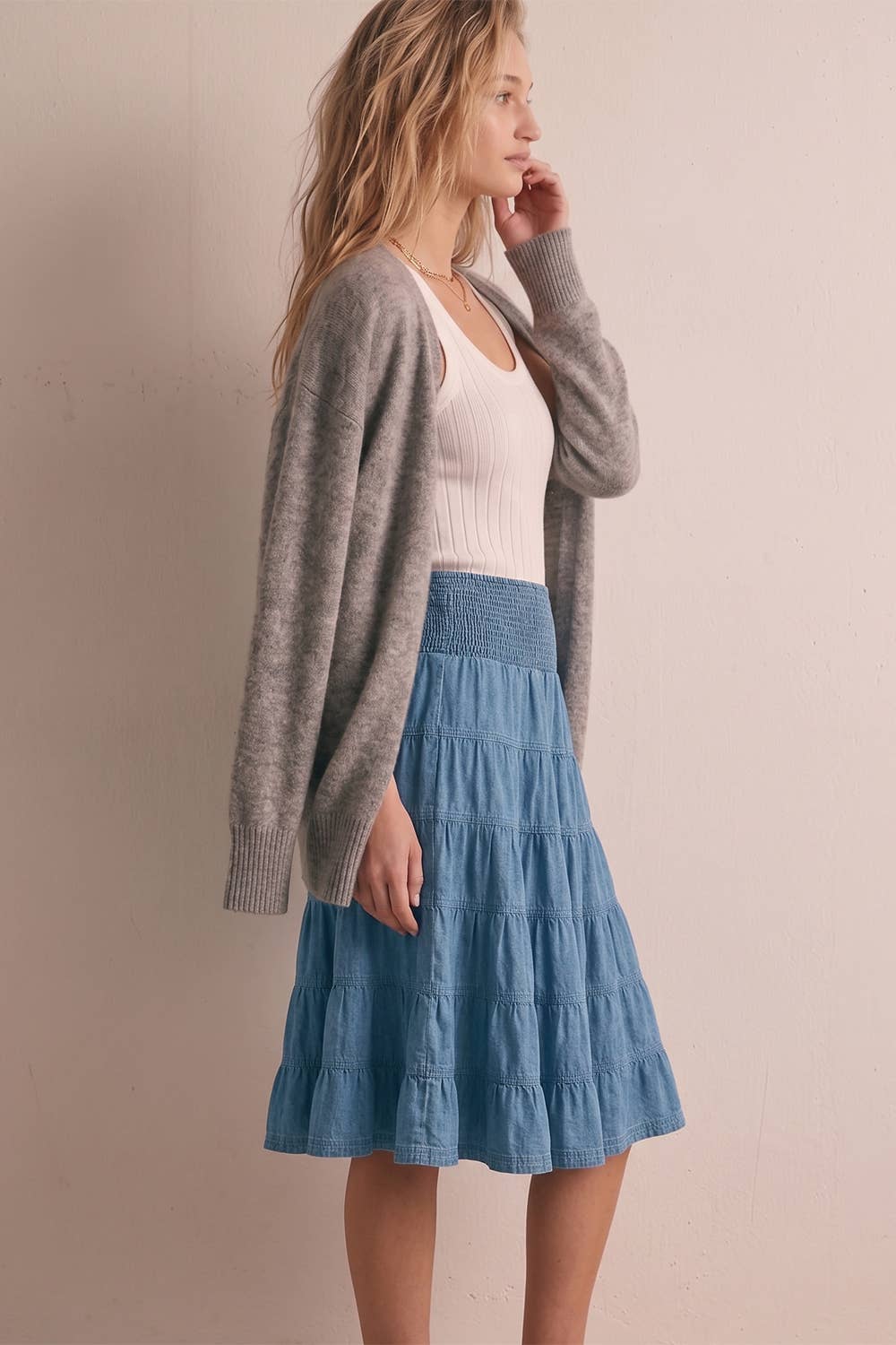 Denim Smocked Waist Tiered Midi Skirt