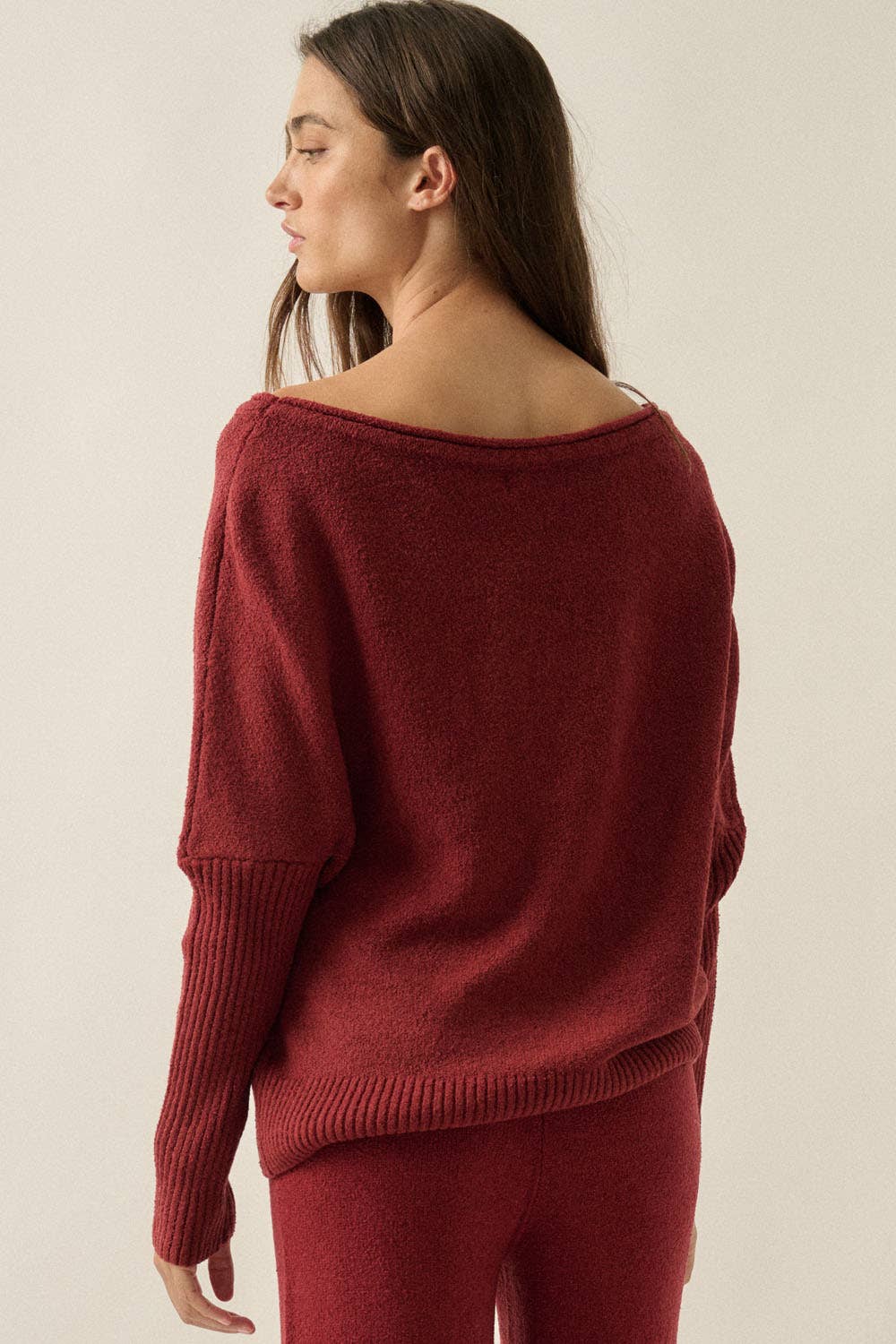 Textured Knit One-Shoulder Boatneck Dolman Sweater