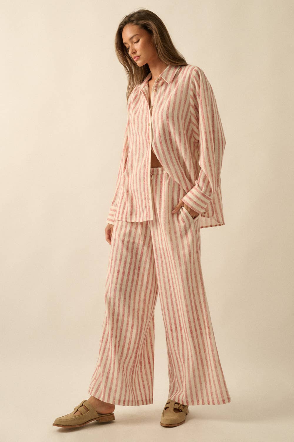 Striped Woven Wide-Leg Drawstring Pocket Pants 