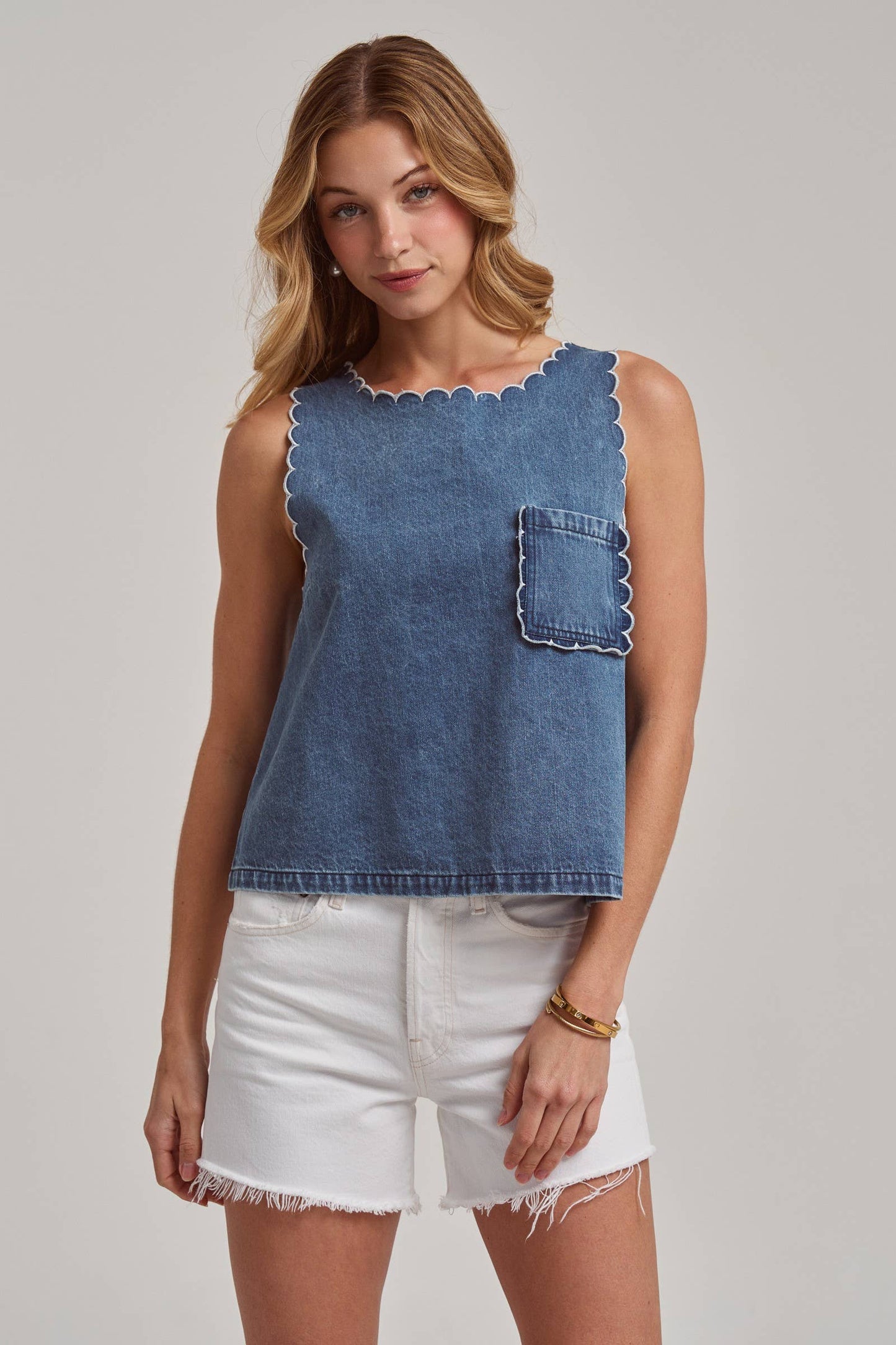 Washed Denim Sleeveless Top with Scalloped Edge Detail