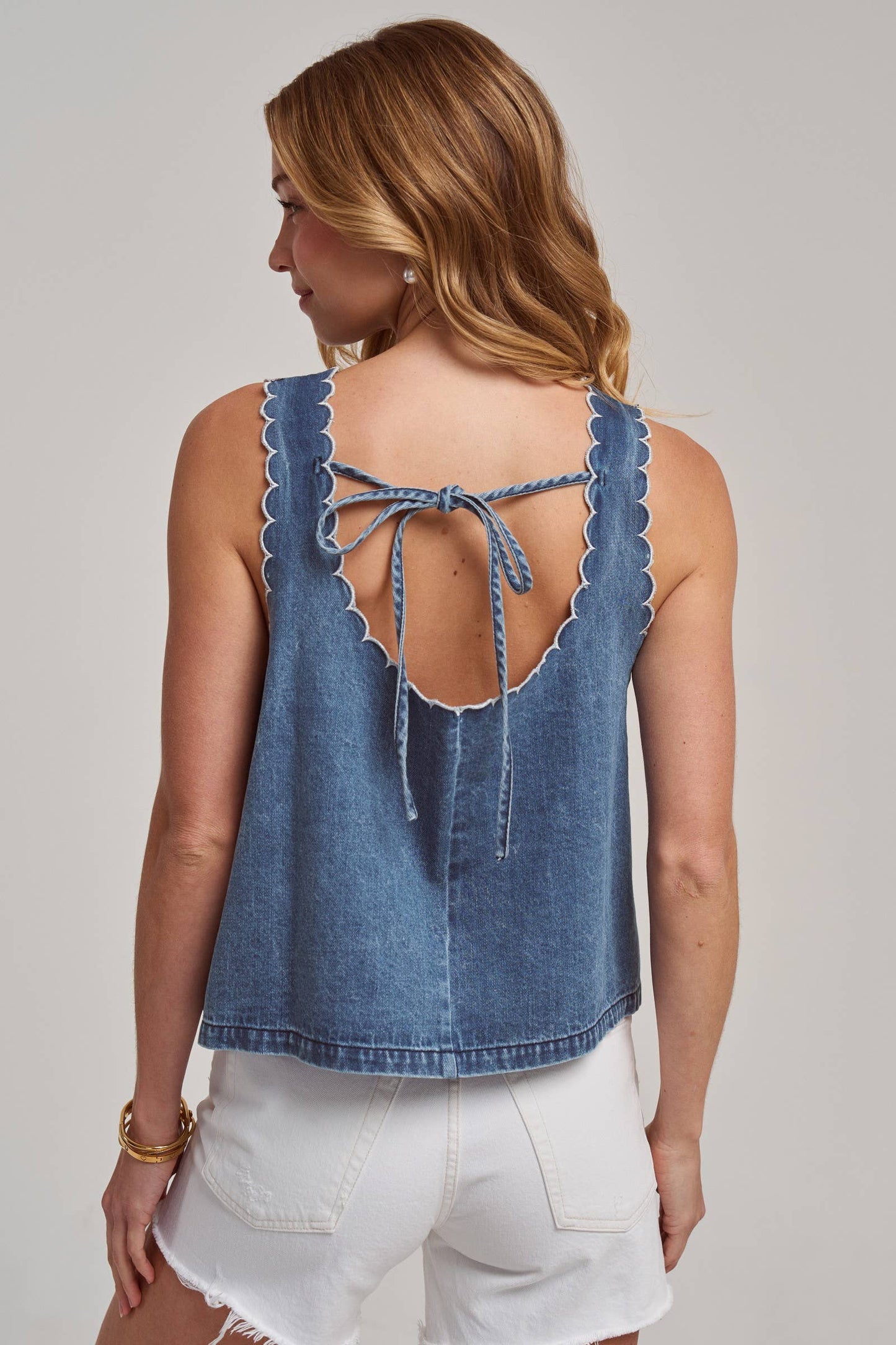 Washed Denim Sleeveless Top with Scalloped Edge Detail