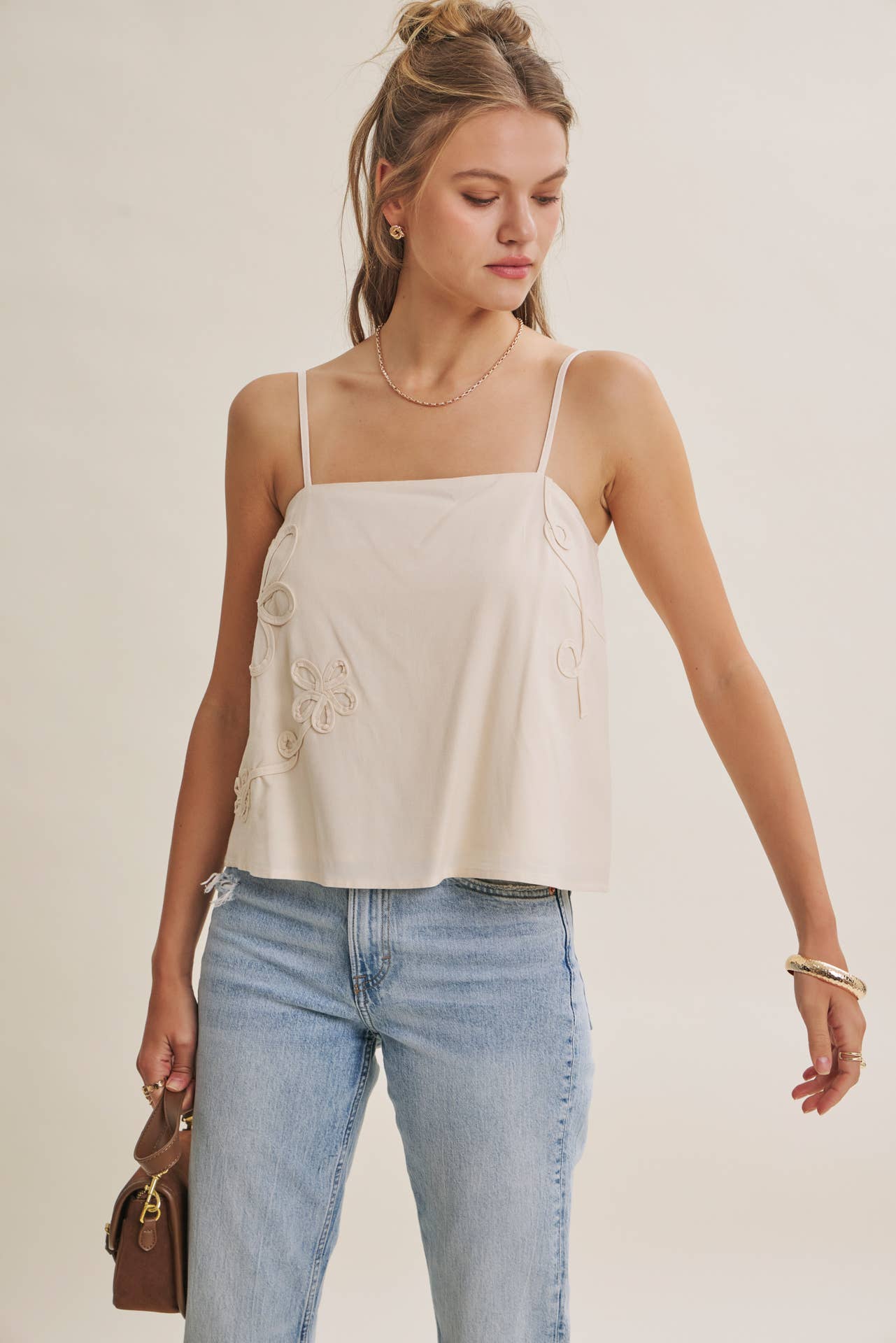 Luxury Linen Floral Applique Tank Top