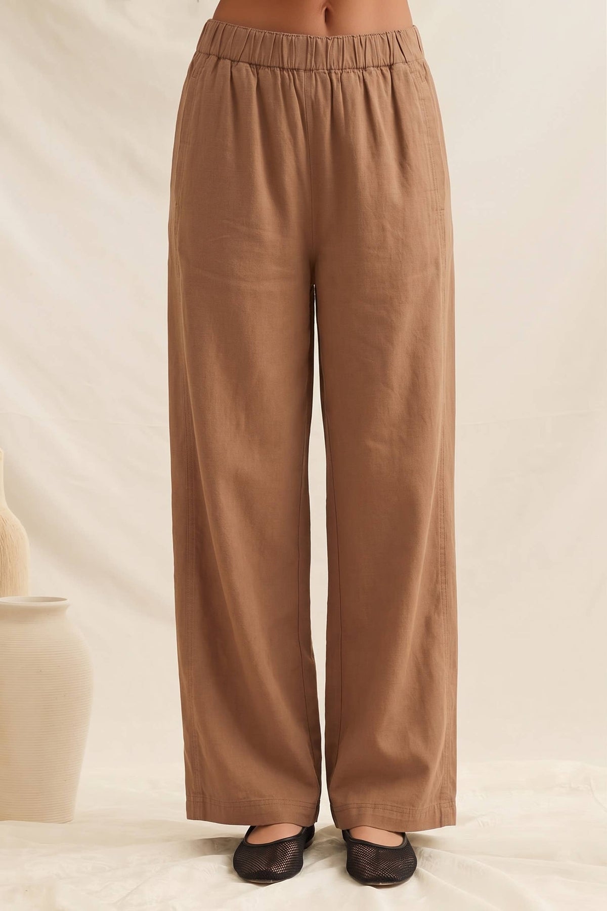 Mocha Wide Leg Baggy Fit Linen Pants
