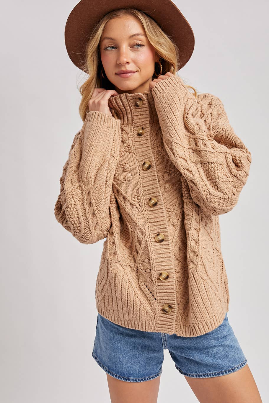 Button Down Mock Neck Cable Knit Cardigan, Sweater