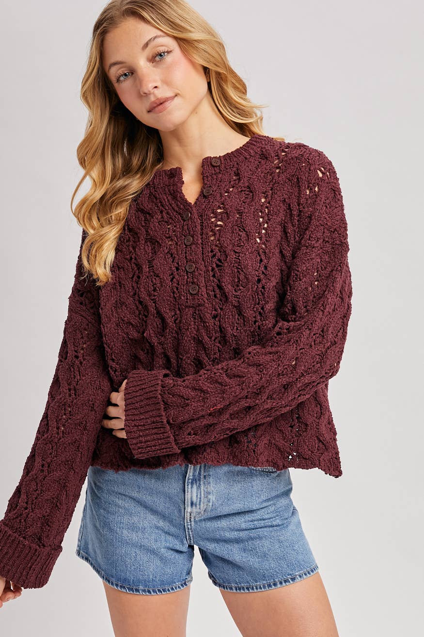 Wine Half Button Down Sweater