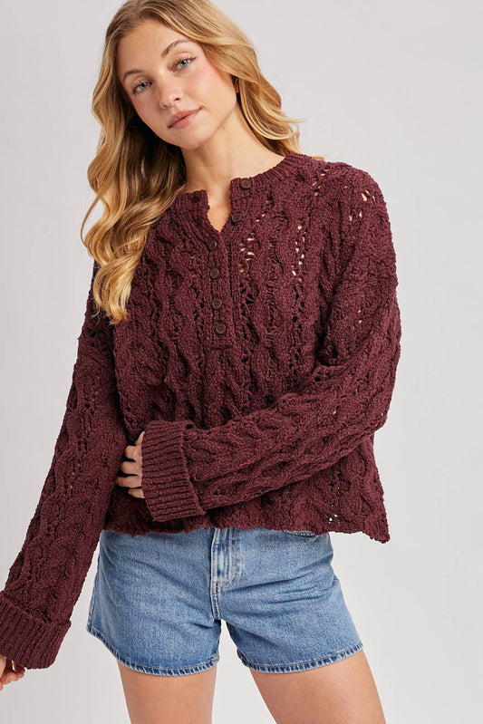 Wine Half Button Down Sweater