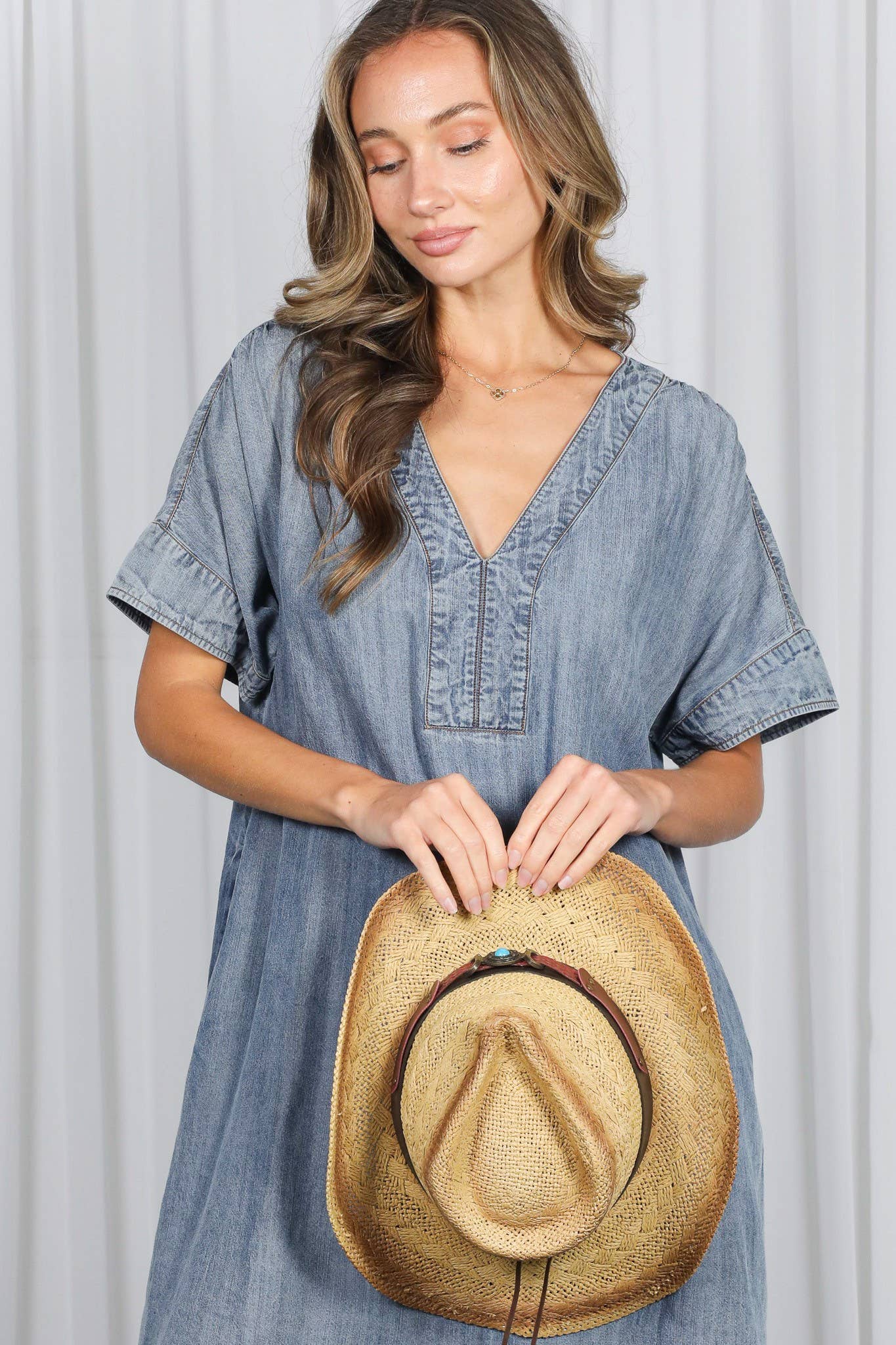 V-Neck Chambray Casual Loose Denim Dress