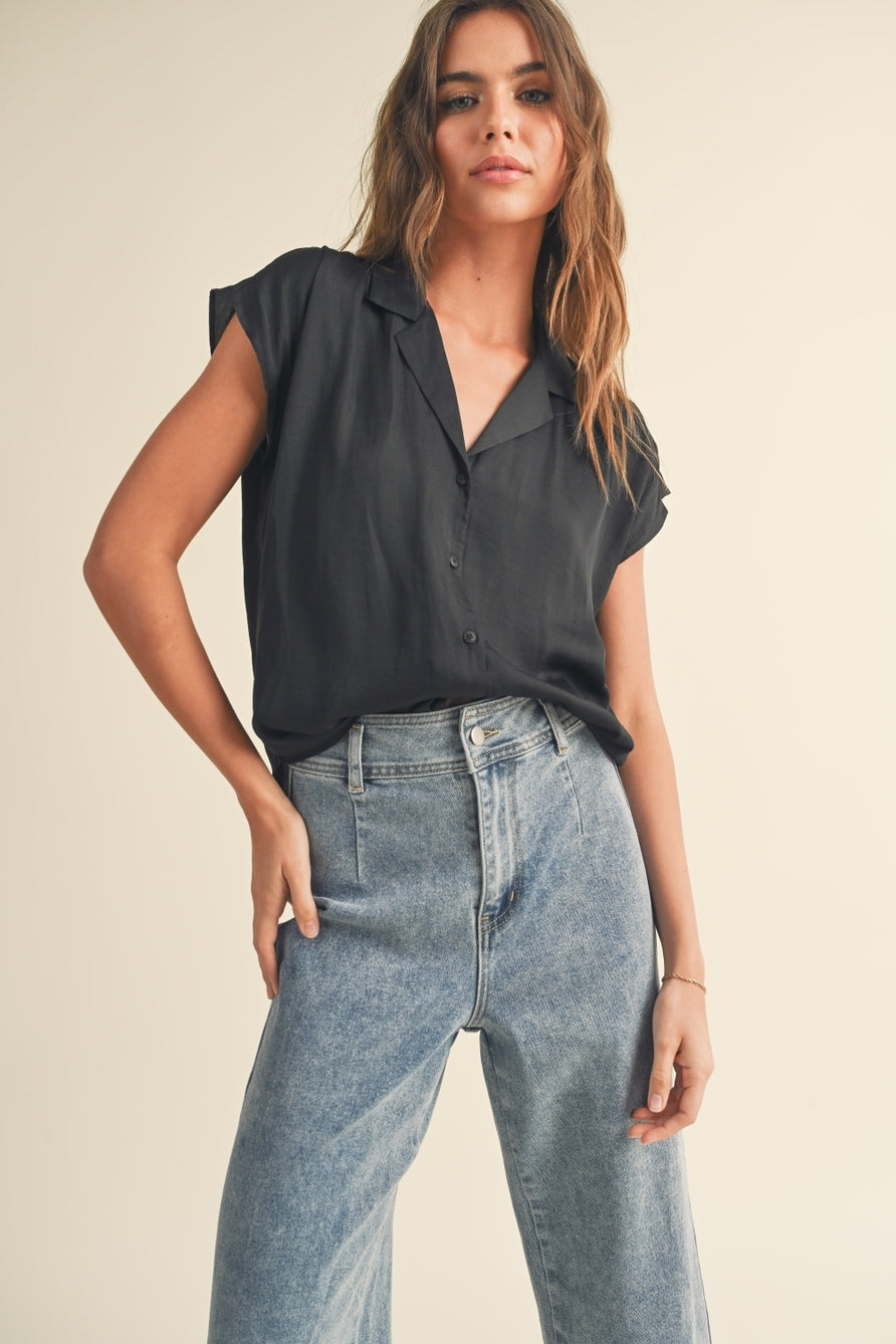Black Button Down Cap Sleeve Blouse